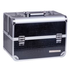 Geanta makeup pentru cosmetice, Lila Rossa, medie cu clapeta si cheie, neagra-argintie, 32x23x26 cm