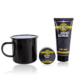 Set cadou barbati, ceara barba, scrub, cana metal, Bath set BATH & BODY TOOLS in tin cup, incl. 100ml hand scrub for dirty hands, 20g beard wax, fragrance: Musk, col.: black/yellow/grey, PU 6/24, set cadou craciun