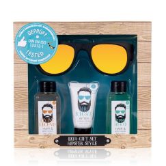 Set cadou barbati, gel de dus, after shave , ochelari soare, Bath set HIPSTER STYLE in paper gift box, incl. 2 * 60ml hair & body wash, 20ml after shave lotion and Wrist Slap Foldable Sunglasses, fragrance: Oak & Citrus, col. white/orange/blue, PU 6/
