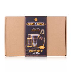 Set cadou barbati, gel de dus, balsam after shave, sort gratar, Gift set MEN'S COLLECTION in reusable kraft paper gift box, incl. 50ml bath & shower gel, 60ml after shave balm, grill apron with print 'Born to Grill', fragrance: Birch & Cedar, col. br