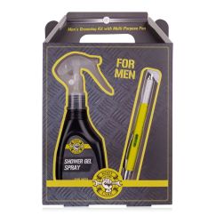 Set cadou barbati, gel de dus, Bath set BATH & BODY TOOLS in paper gift box, incl. 100ml shower gel spray, multi-purpose pen (*), fragrance: Musk, col.: black/yellow/grey, PU 6/24, set cadou craciun