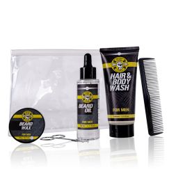 Set cadou barbati, gel de dus, ulei barba, ceara barba, foarfece barba, Bath set BATH & BODY TOOLS in PVC bag, incl. 100ml hair & body wash, 50ml beard oil, 20g beard wax, beard scissors, hair comb, fragrance: Musk, col.: black/yellow/grey, PU 6/24, 