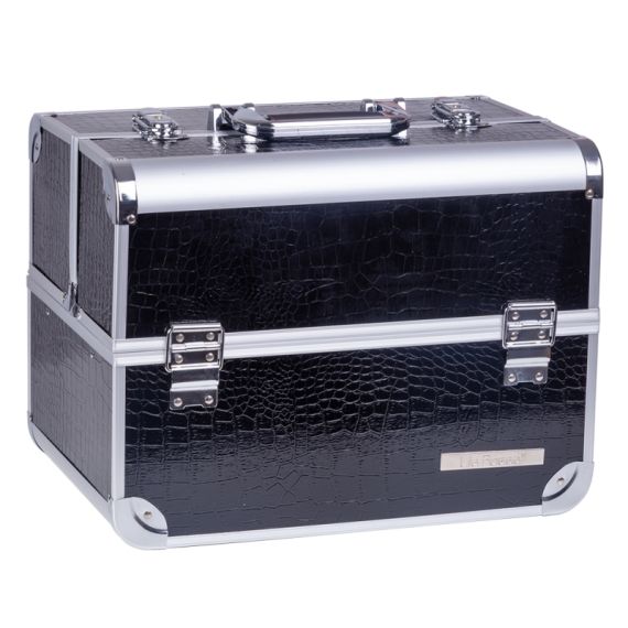 Geanta makeup pentru cosmetice, Lila Rossa, medie cu clapeta si cheie, neagra-argintie, 32x23x26 cm