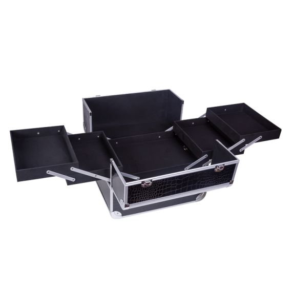 Geanta makeup pentru cosmetice, Lila Rossa, medie cu clapeta si cheie, neagra-argintie, 32x23x26 cm, 4 image