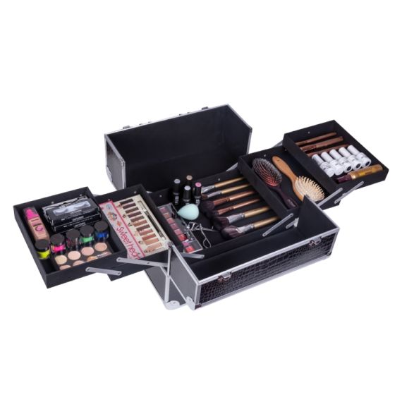 Geanta makeup pentru cosmetice, Lila Rossa, medie cu clapeta si cheie, neagra-argintie, 32x23x26 cm, 3 image