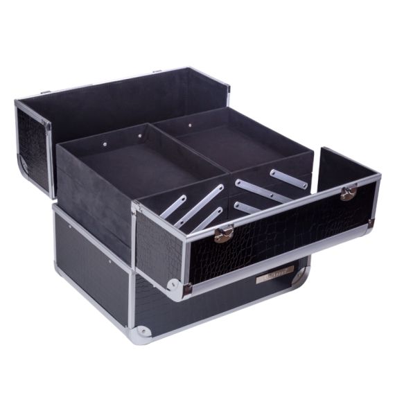 Geanta makeup pentru cosmetice, Lila Rossa, medie cu clapeta si cheie, neagra-argintie, 32x23x26 cm, 2 image